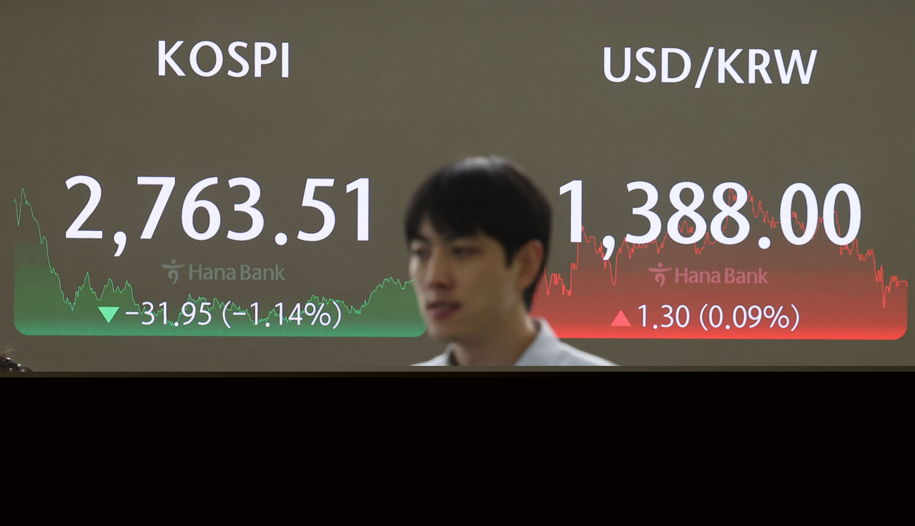 An electronic board showing the Korea Composite Stock Price Index at a dealing room of the Hana Bank headquarters in Seoul on Monday. (Yonhap)