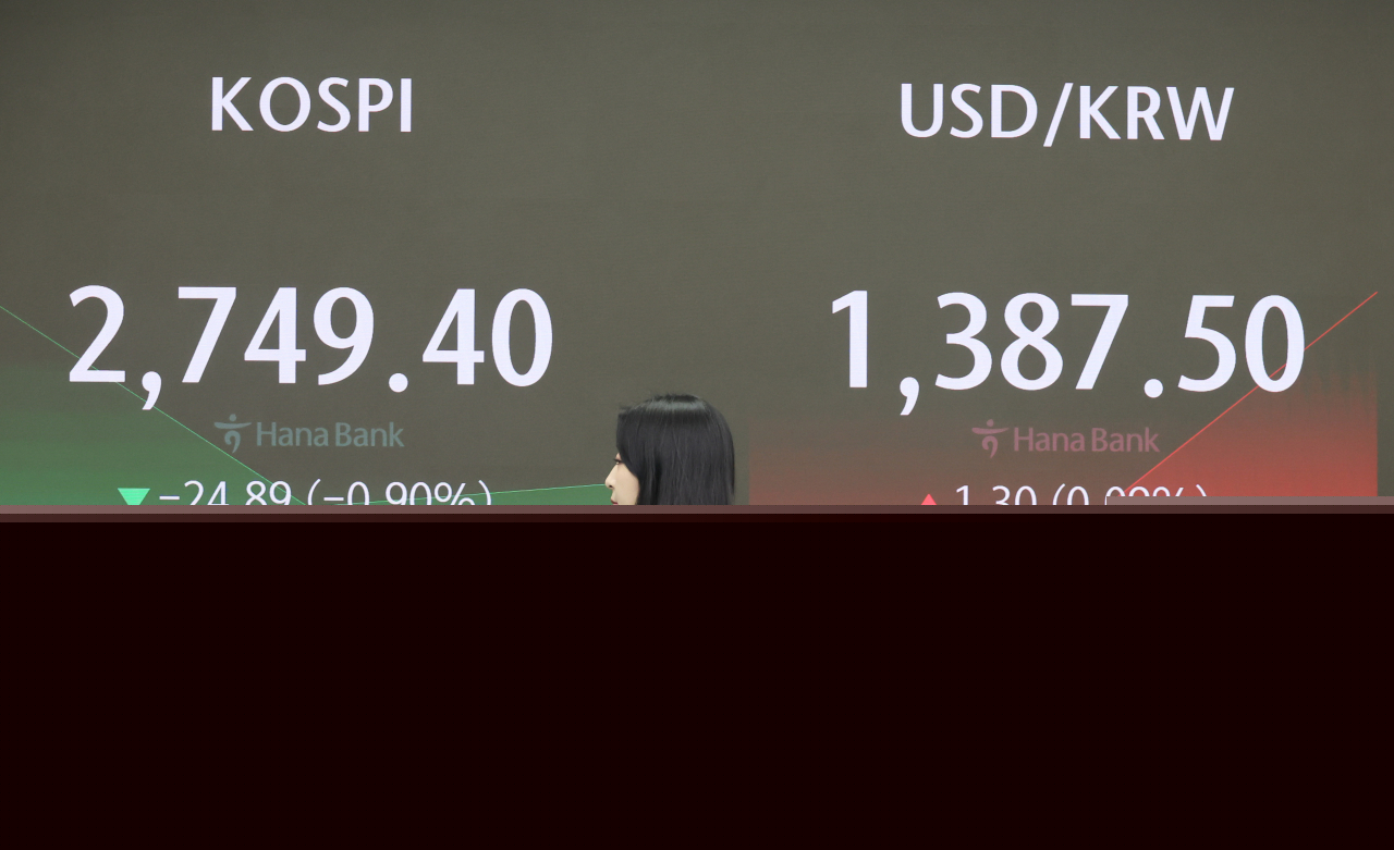 An electronic board showing the Korea Composite Stock Price Index at a dealing room of the Hana Bank headquarters in Seoul on Wednesday. (Yonhap)