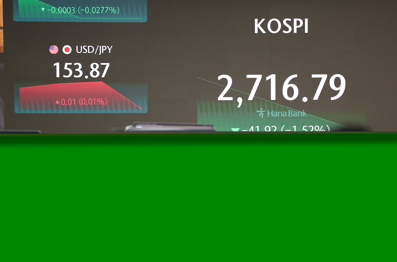 An electronic board showing the Korea Composite Stock Price Index at a dealing room of the Hana Bank headquarters in Seoul on Thursday. (Yonhap)