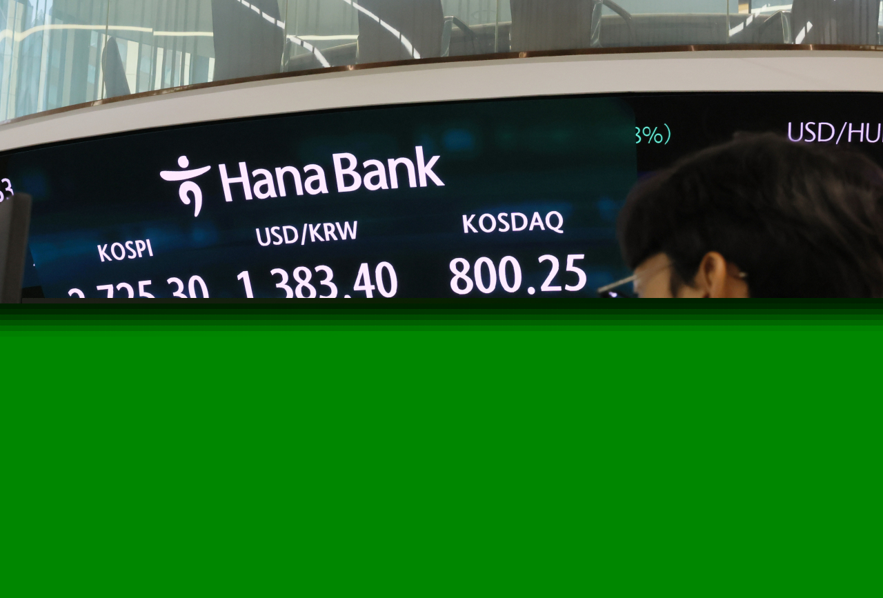 An electronic board showing the Korea Composite Stock Price Index at a dealing room of the Hana Bank headquarters in Seoul on Friday. (Yonhap)