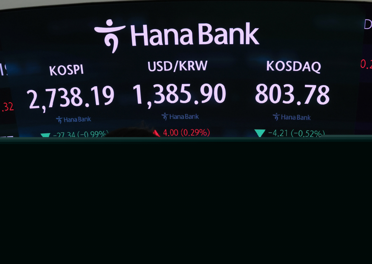 An electronic board showing the Korea Composite Stock Price Index at a dealing room of the Hana Bank headquarters in Seoul on Tuesday. (Yonhap)